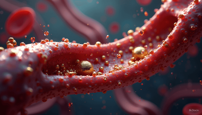 Microscopic view of nanoparticles carrying herbal extracts through digestive system