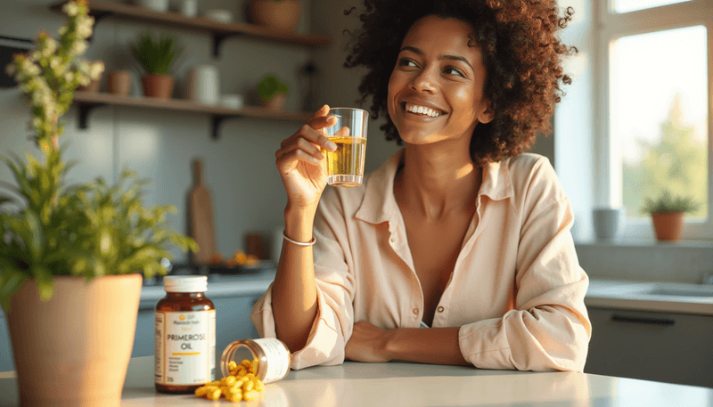 Woman taking evening primrose oil supplement