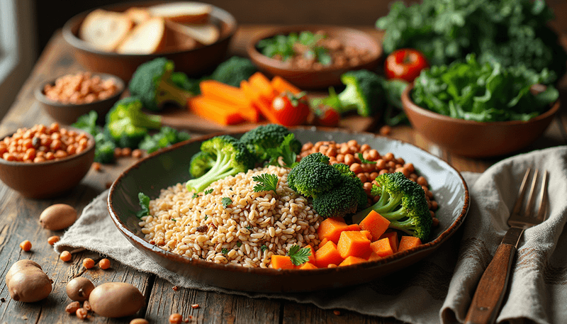 A diverse spread of whole grain foods and fiber-rich vegetables on a rustic wooden table