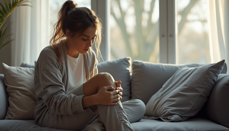 Woman examining her painful knee joint while sitting on couch