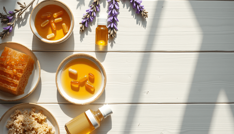 Natural supplements of royal jelly and fermented soy on wooden table