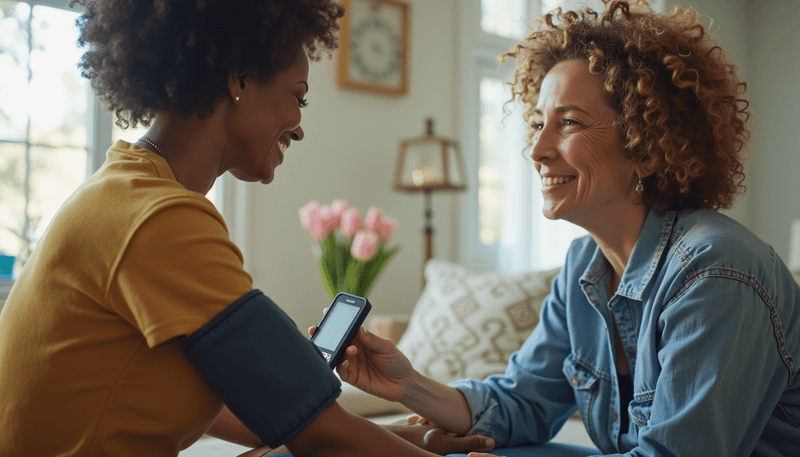 Woman measuring blood pressure at home