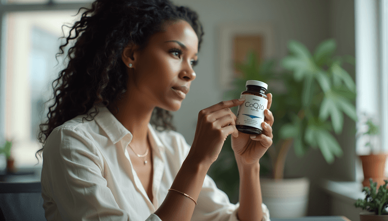 Woman examining bottle of CoQ10 supplements while researching health benefits