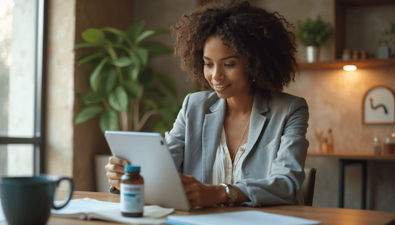 A woman in her 50s taking CoQ10 supplement while reading about bone health